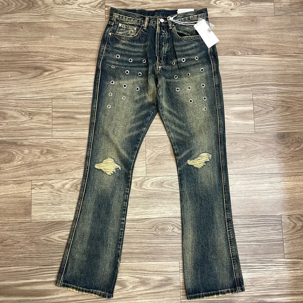 mnml Metal Eyelet Grommet Yellow Washed Distressed Denim Flare Jeans